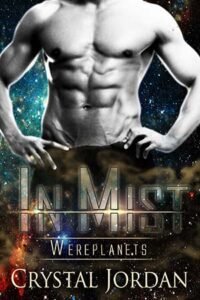In Mist cover - a grayscale photo of a shirtless man with a teal, red, and blue supernova in the background