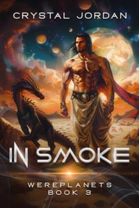 In Smoke cover - a muscular shirtless man standing in a desert landscape with a dragon next to him and multiple moons and planets showing in the sky
