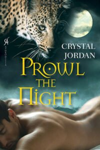Prowl the Night cover - the torso of a nude man laying down is in the foreground with a leopard and full moon in the background