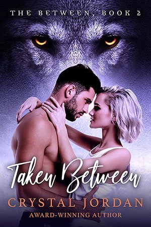 Taken Between cover - a couple facing each other in the foreground and a wolf head in the background