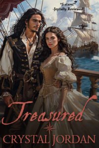 Treasured cover - a couple in 18th century clothing on the deck of a pirate ship with another pirate ship in the background