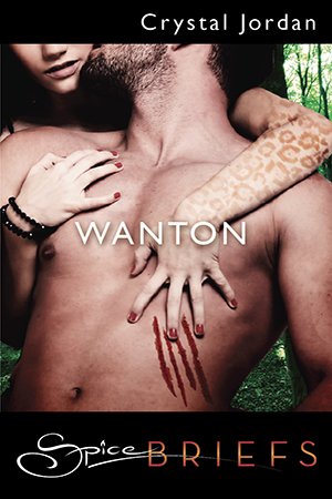Wanton cover - the torsos of a shirtless couple, the woman has lynx rosette marks on her arm and the man has claw marks on his ribs