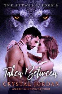 Taken Between cover - a couple facing each other in the foreground and a wolf head in the background